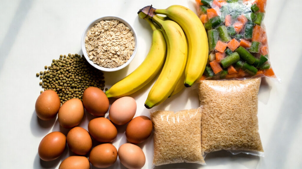 budget healthy foods flatlay affordable nutritious grocery staples