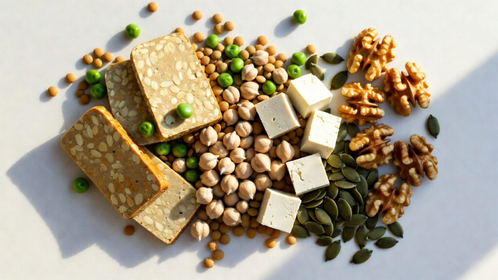 plant based protein foods flatlay