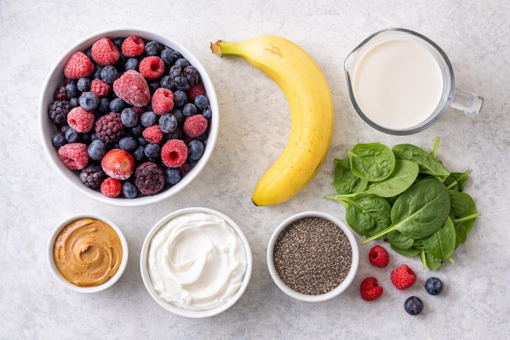 healthy smoothie recipes for energy ingredients flatlay healthy smoothie recipes for energy ingredients flatlay