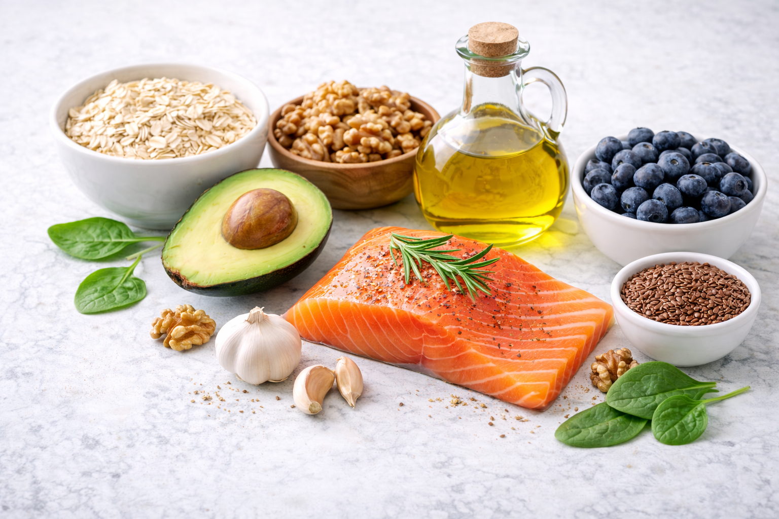 foods that lower cholesterol naturally including oats nuts avocado and salmon