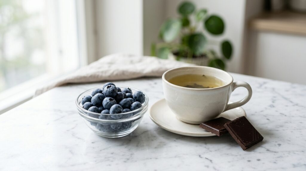 blueberries green tea and dark chocolate for stress relief