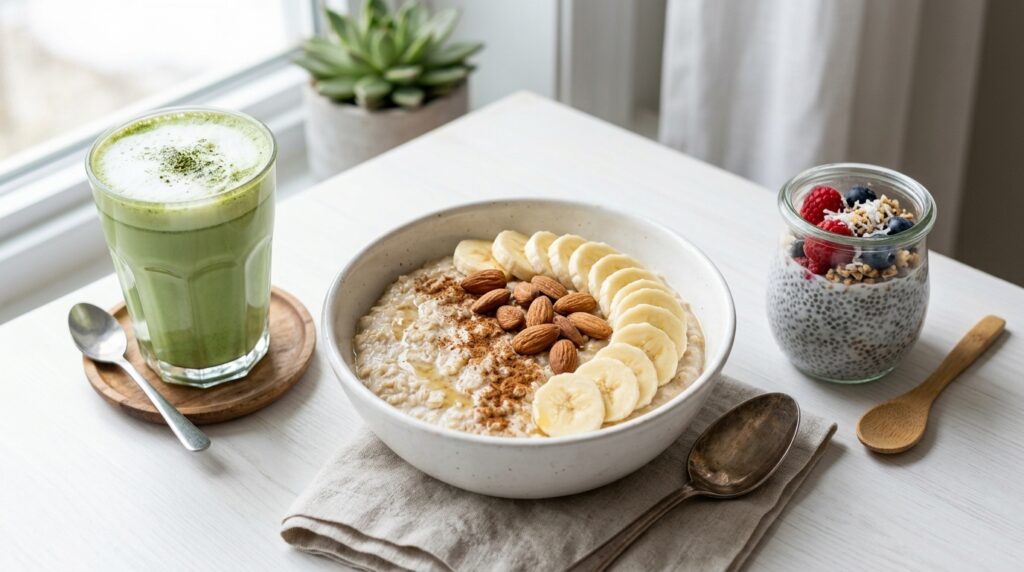 energy superfood breakfast with oats banana and matcha