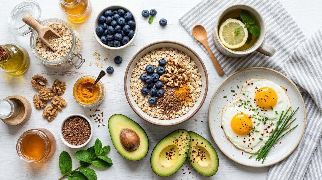 anti-inflammatory breakfast foods flat lay