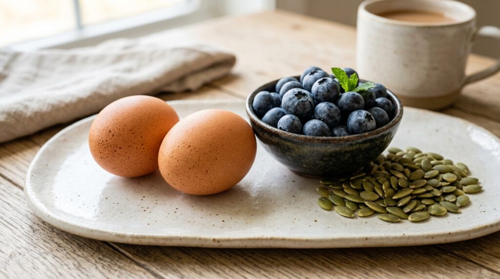 foods for reducing anxiety including eggs berries and pumpkin seeds