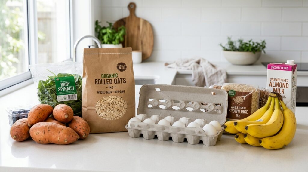 affordable superfood grocery haul on kitchen counter