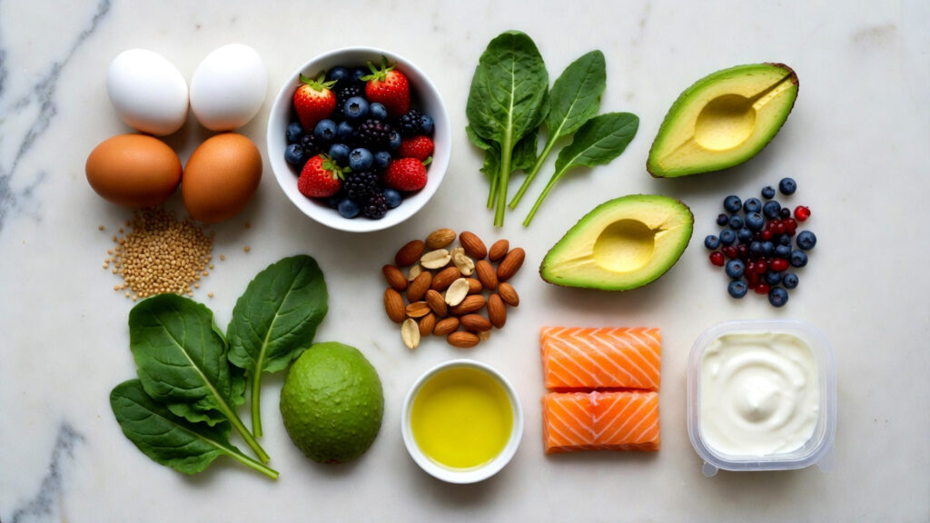 complete balanced diet foods flatlay with protein vegetables and healthy fats complete balanced diet foods flatlay with protein vegetables and healthy fats