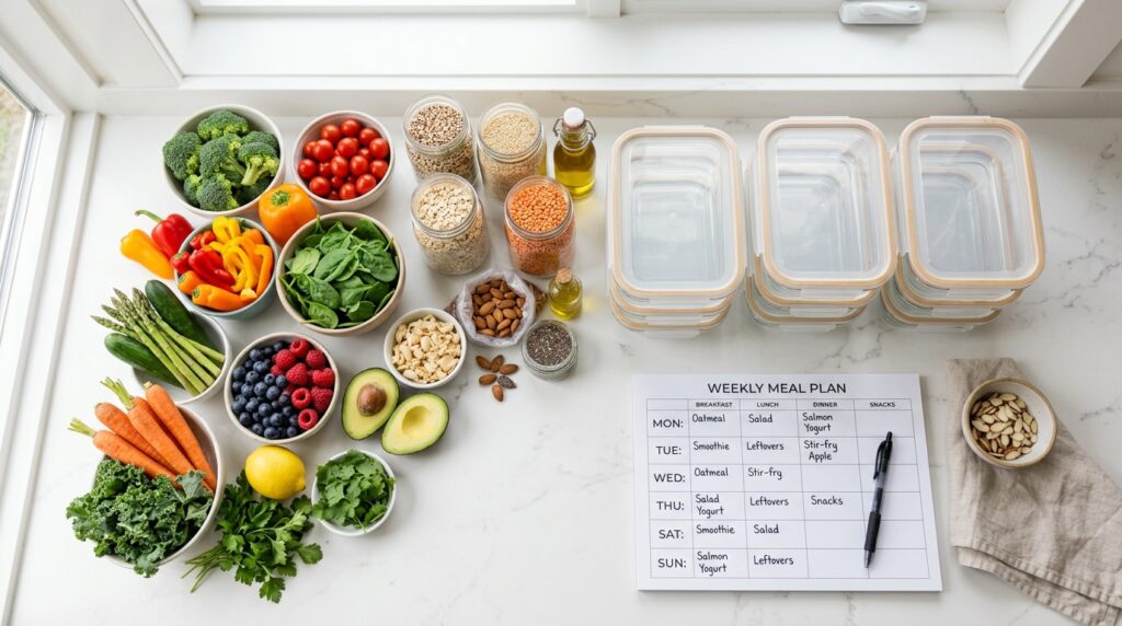 healthy meal planning for weight loss flat lay