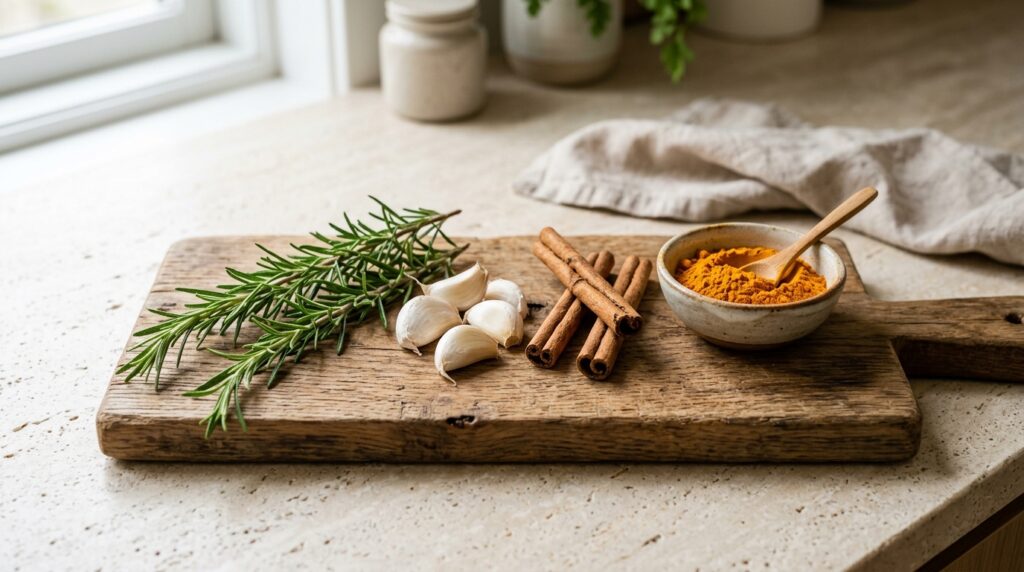 anti-inflammatory herbs and spices flat lay