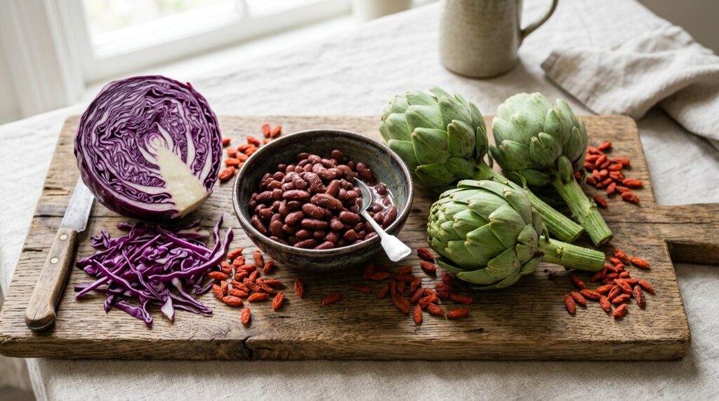 variety of antioxidant-rich superfoods on wooden board variety of antioxidant-rich superfoods on wooden board