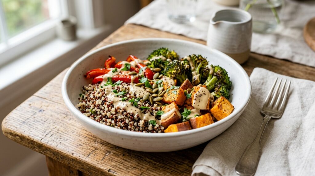 quinoa and roasted vegetable anti-inflammatory lunch bowl