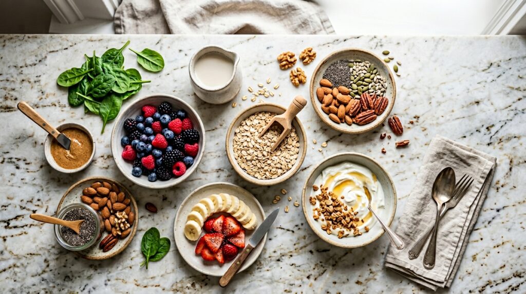 healthy breakfast ingredients flat lay