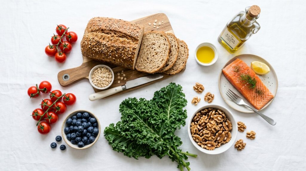 heart disease prevention foods flatlay