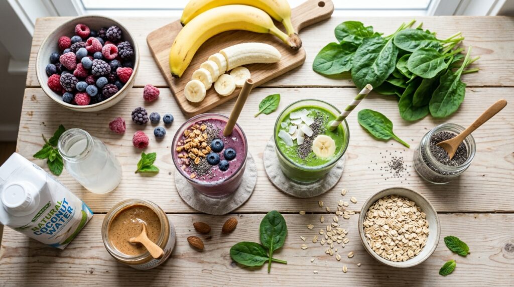 healthy smoothie ingredients flat lay