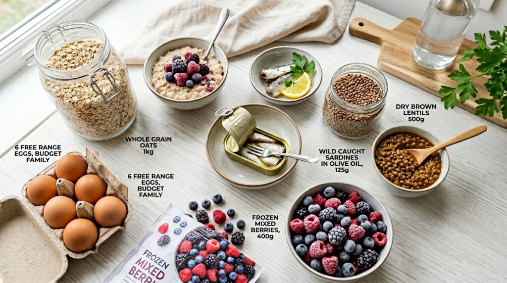 budget healthy foods flatlay