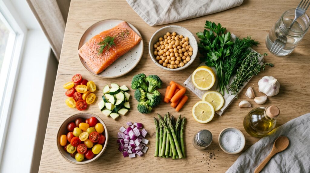 healthy dinner ingredients flat lay