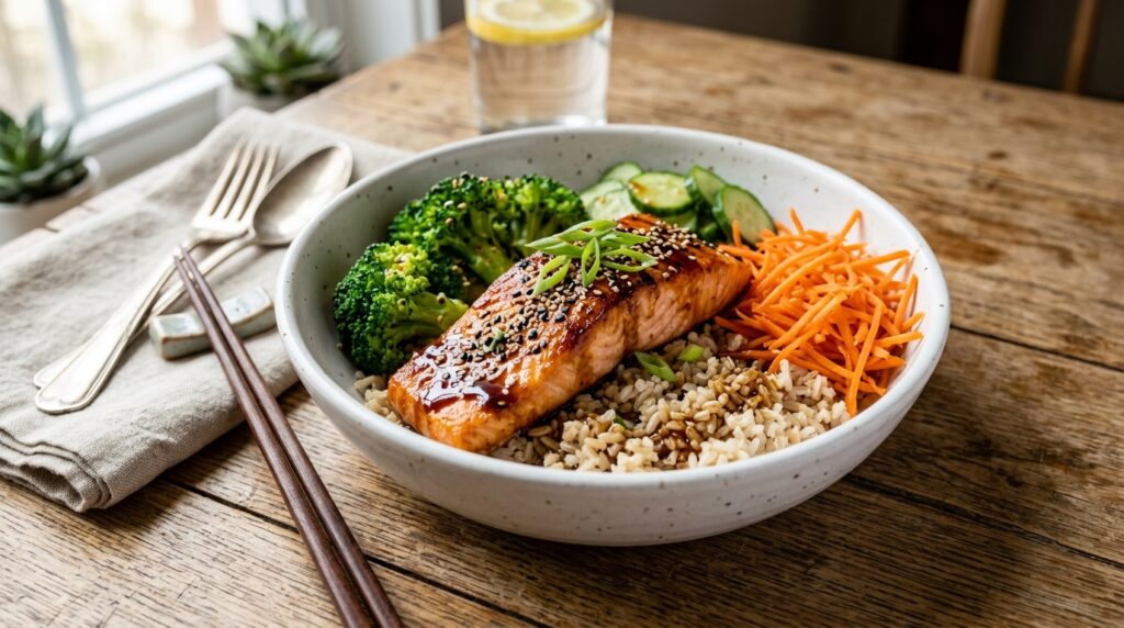 salmon and brown rice healthy lunch bowl salmon and brown rice healthy lunch bowl