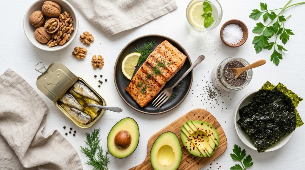 omega-3 foods for heart health flatlay