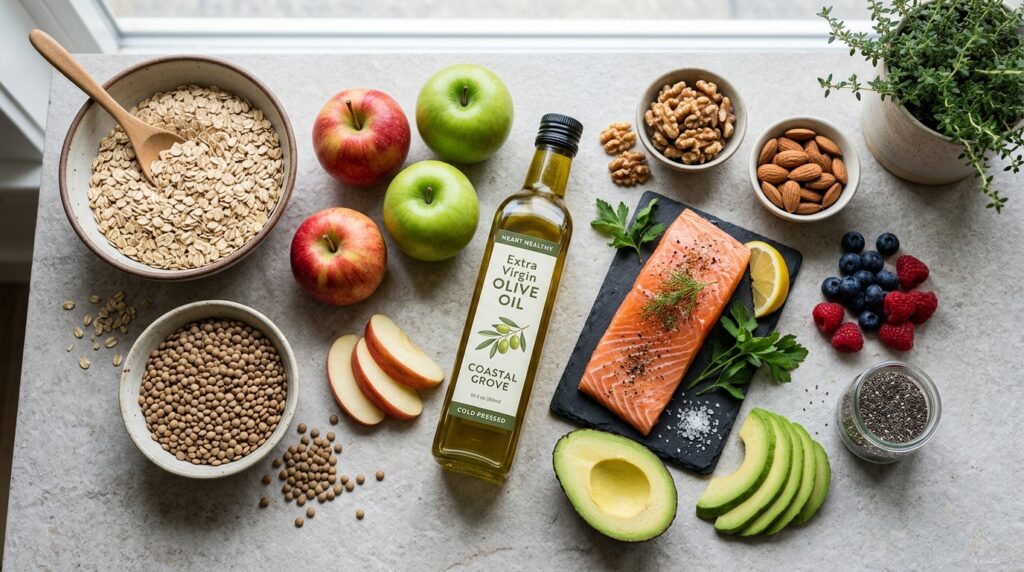 natural foods to lower cholesterol flatlay natural foods to lower cholesterol flatlay