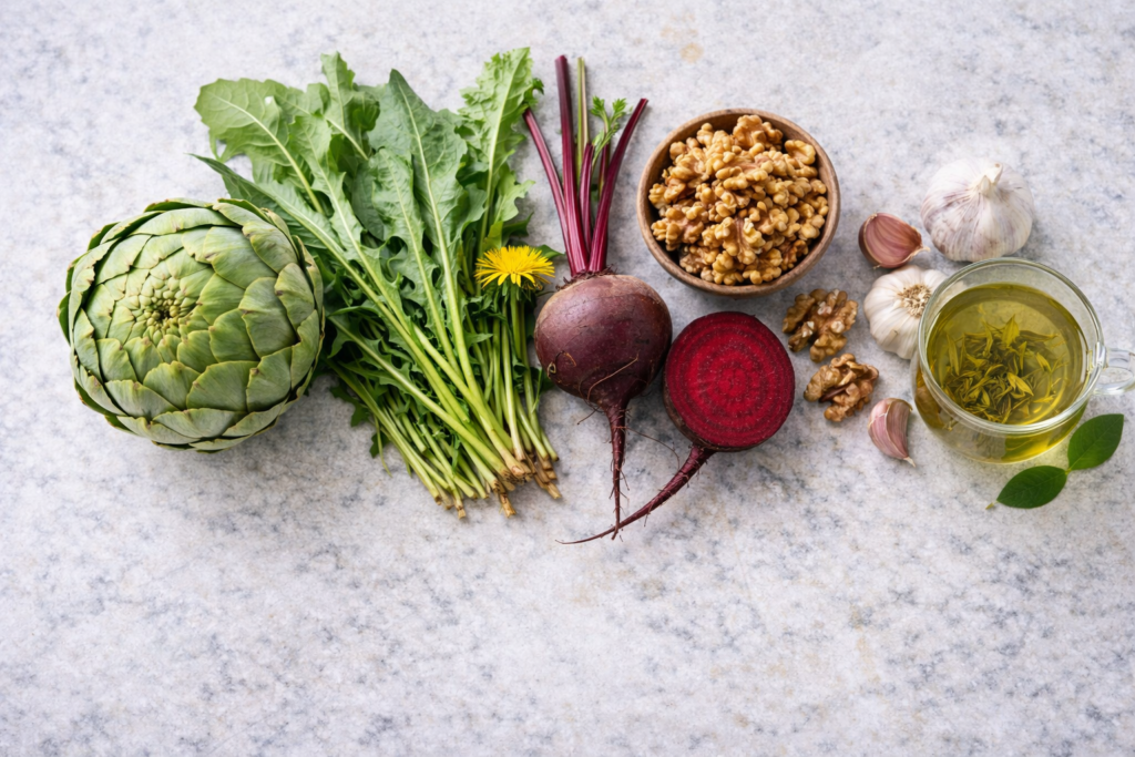 liver detox and cleanse foods flatlay