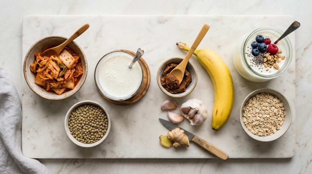 gut-friendly ingredients for better digestion flat lay