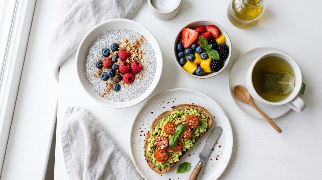 heart healthy breakfast spread flatlay heart healthy breakfast spread flatlay