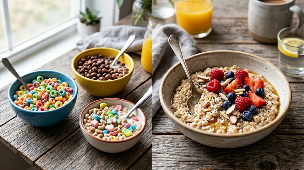 sugary cereal versus healthy oatmeal comparison